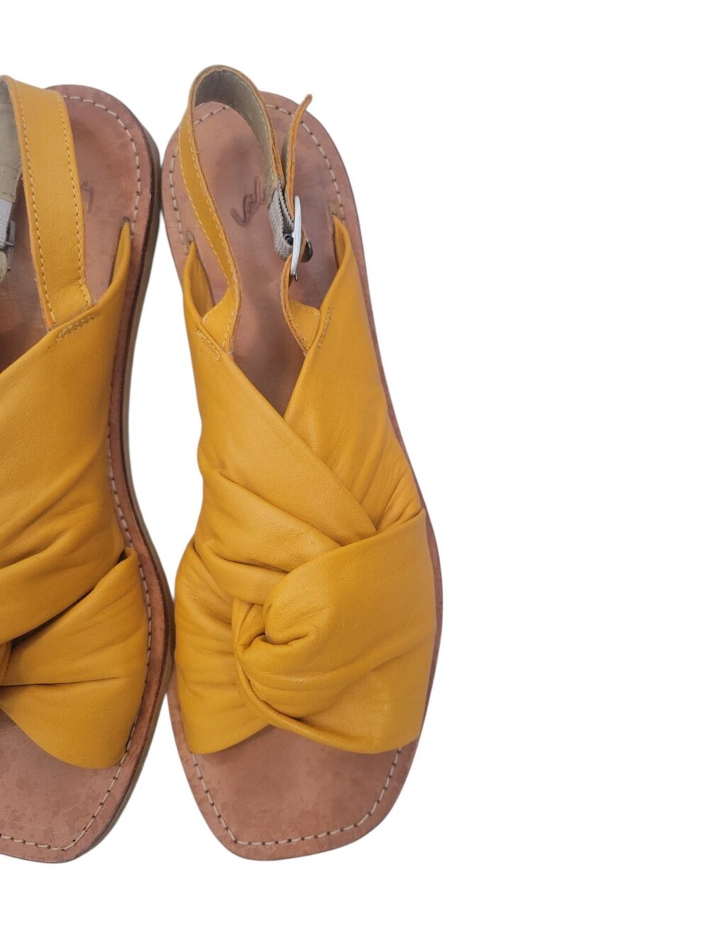 Velez Artisan Leather Knot Sandals Mustard Yellow Slingback Flat 38 Boho Resort - Picture 3 of 11